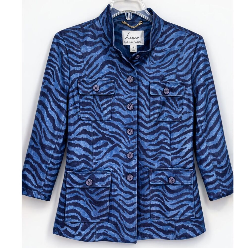 Linea Louis‎ Dell'Olio Blue Zebra Print Jacket Women M Button Front